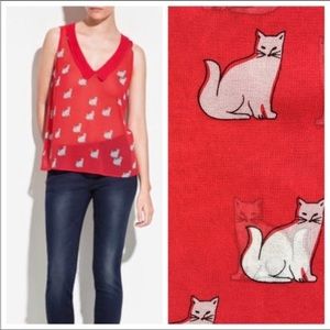 Zara Trafaluc Women’s Coral Red Cat Print Sleeveless Collared Blouse Size Medium